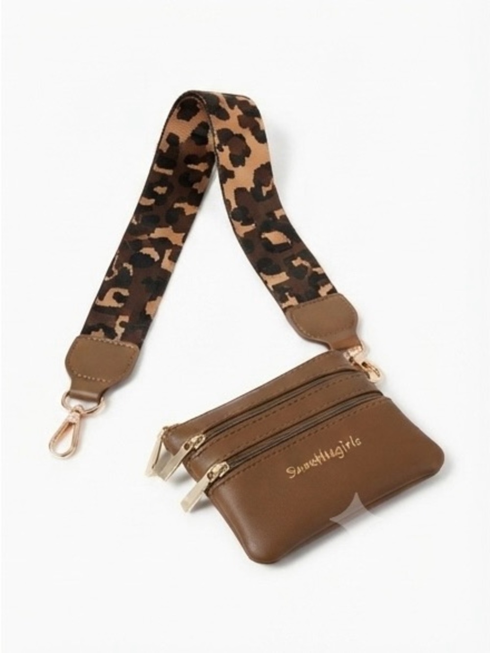 Brown Mini Crossbody Wallet with Leopard-Print Strap